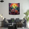 A beautiful living room whose hangs a tapestry on the wall