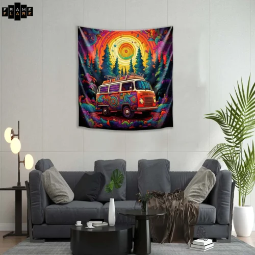A beautiful living room whose hangs a tapestry on the wall