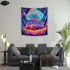 A beautiful living room whose hangs a tapestry on the wall