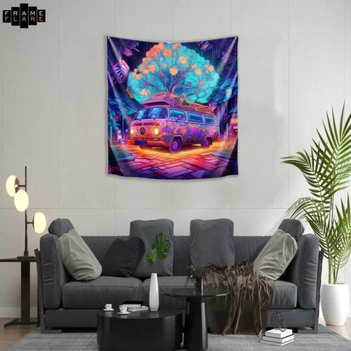 A beautiful living room whose hangs a tapestry on the wall