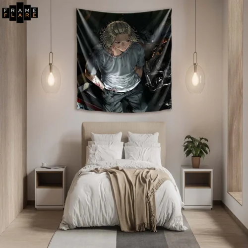 A beautiful bedroom whose hangs a tapestry on the wall