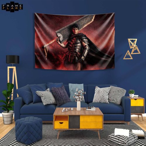 A beautiful living room whose hangs a tapestry on the wall