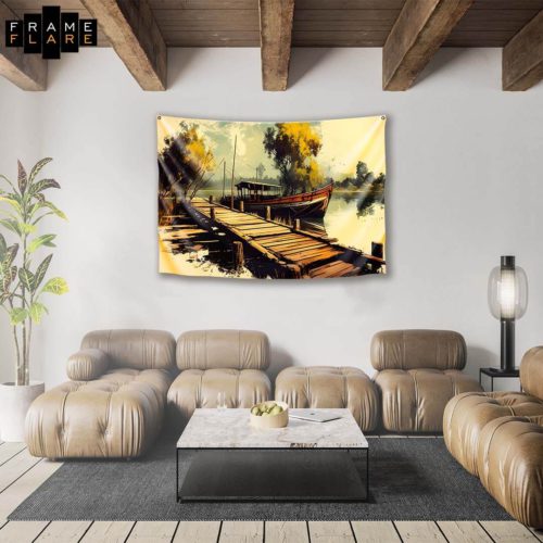 A beautiful living room whose hangs a tapestry on the wall