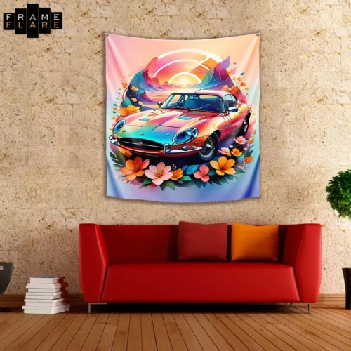 A beautiful living room whose hangs a tapestry on the wall