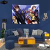 A beautiful living room whose hangs a tapestry on the wall