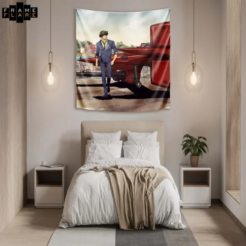 A beautiful bedroom whose hangs a tapestry on the wall