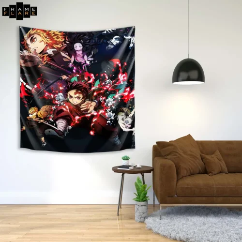 A beautiful living room whose hangs a tapestry on the wall