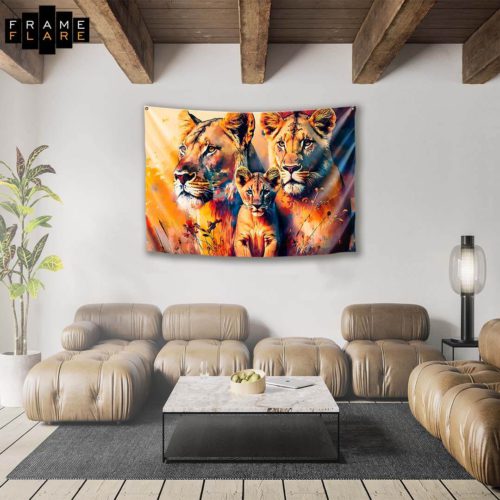 A beautiful living room whose hangs a tapestry on the wall