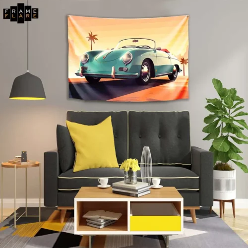 A beautiful living room whose hangs a tapestry on the wall