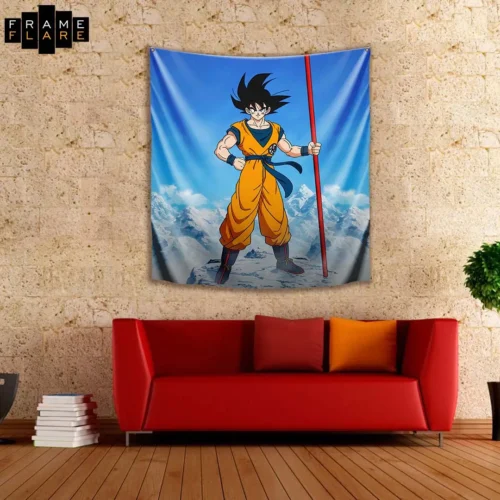 A beautiful living room whose hangs a tapestry on the wall