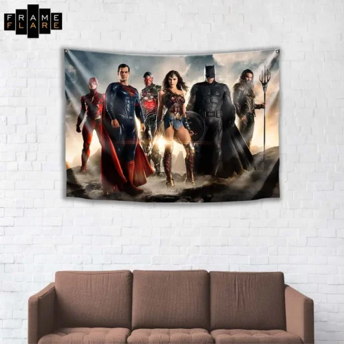 A beautiful living room whose hangs a tapestry on the wall