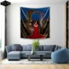 A beautiful living room whose hangs a tapestry on the wall