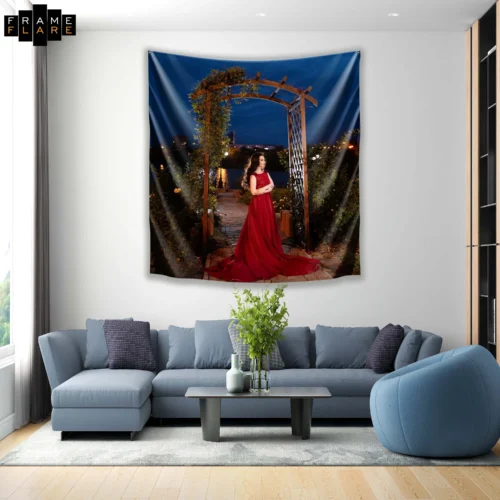 A beautiful living room whose hangs a tapestry on the wall