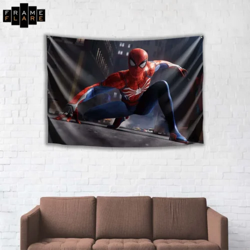 A beautiful living room whose hangs a tapestry on the wall