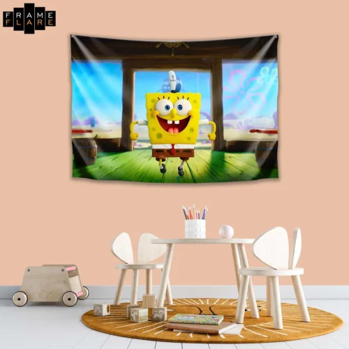 A beautiful kids room whose hangs a tapestry on the wall