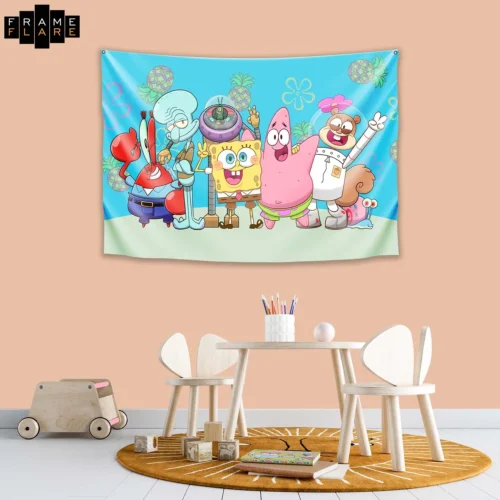 A beautiful kids room whose hangs a tapestry on the wall