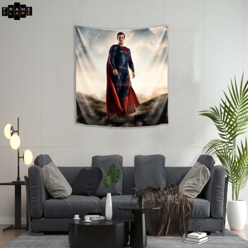 A beautiful living room whose hangs a tapestry on the wall