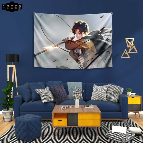 A beautiful living room whose hangs a tapestry on the wall