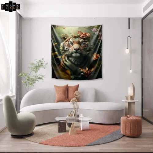 A beautiful living room whose hangs a tapestry on the wall