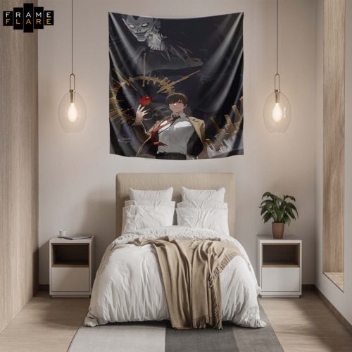 A beautiful bedroom whose hangs a tapestry on the wall