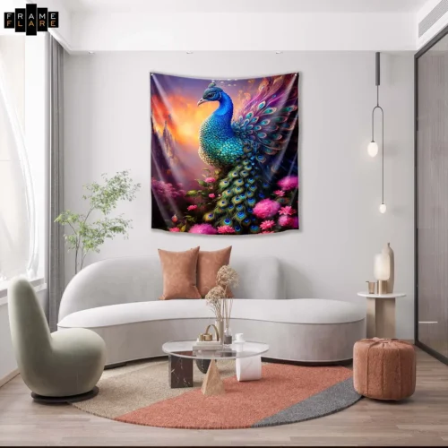 A beautiful living room whose hangs a tapestry on the wall