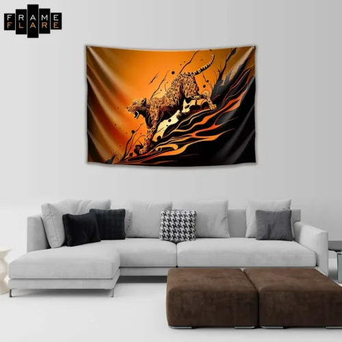 A beautiful living room whose hangs a tapestry on the wall