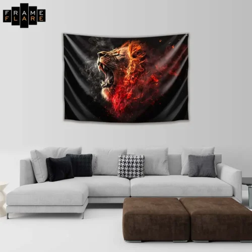 A beautiful living room whose hangs a tapestry on the wall