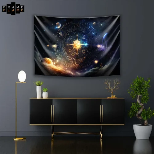 A beautiful living room whose hangs a tapestry on the wall