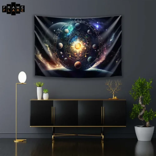 A beautiful living room whose hangs a tapestry on the wall