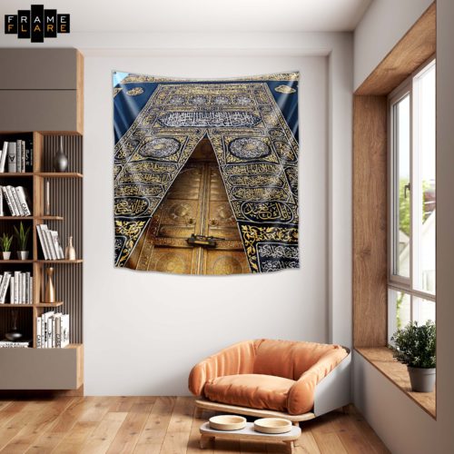 A beautiful living room whose hangs a tapestry on the wall