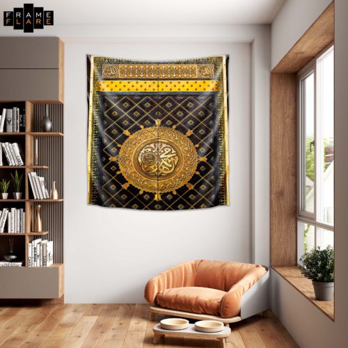 A beautiful living room whose hangs a tapestry on the wall