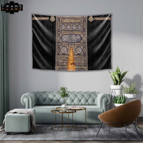 A beautiful living room whose hangs a tapestry on the wall